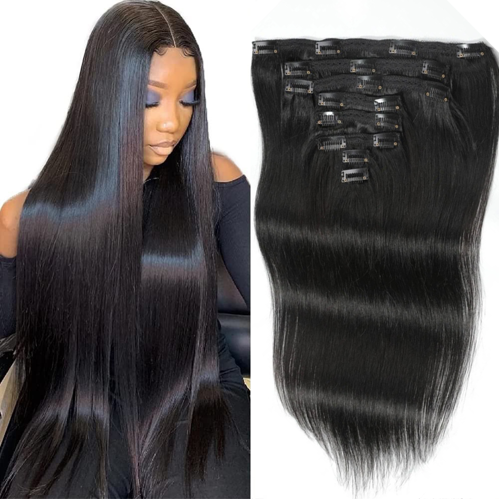 Seamless Clip In Hair Extensions Human Hair - وصلات شعر مستقيمة بمشابك، شعر طبيعي
